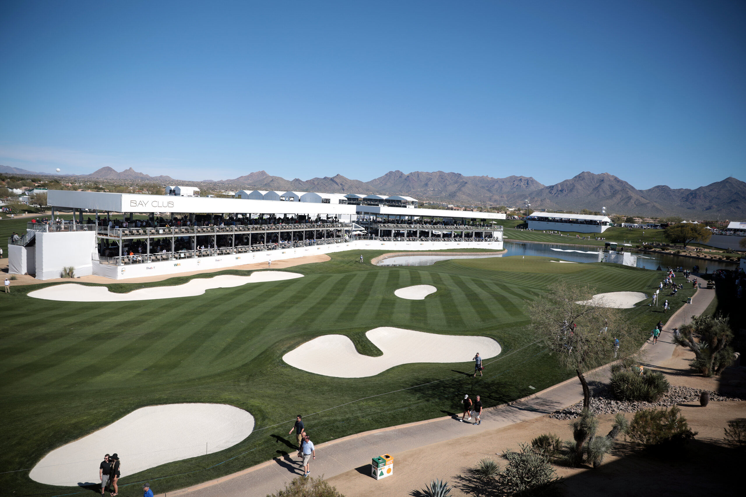 WM Phoenix Open grandstands at TPC Scottsdale with the McDowell Mountains beyond