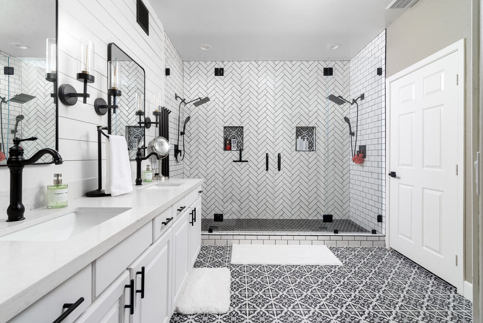 Guest bath with herringbone shower and vessel sink