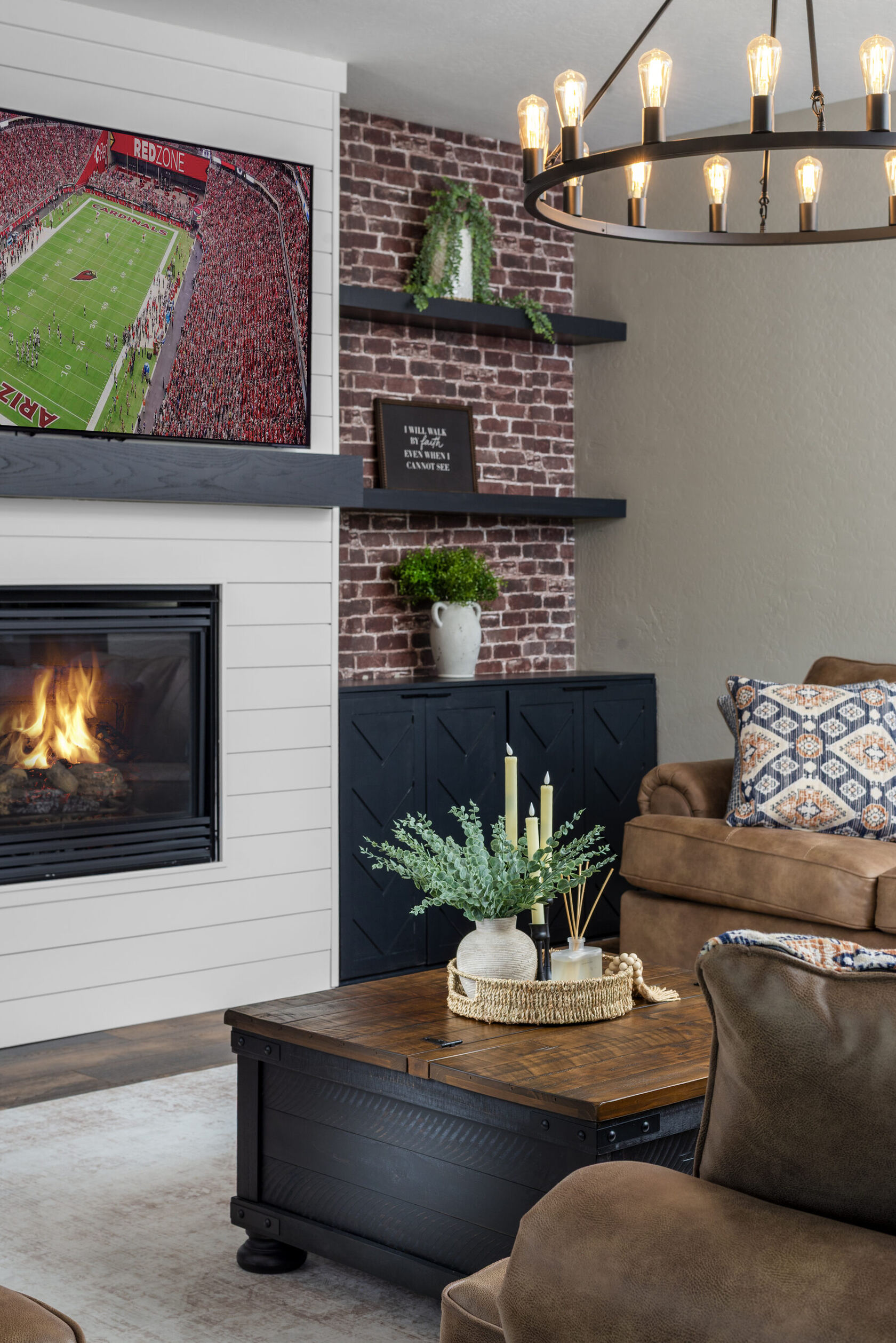Fireplace detail, lit